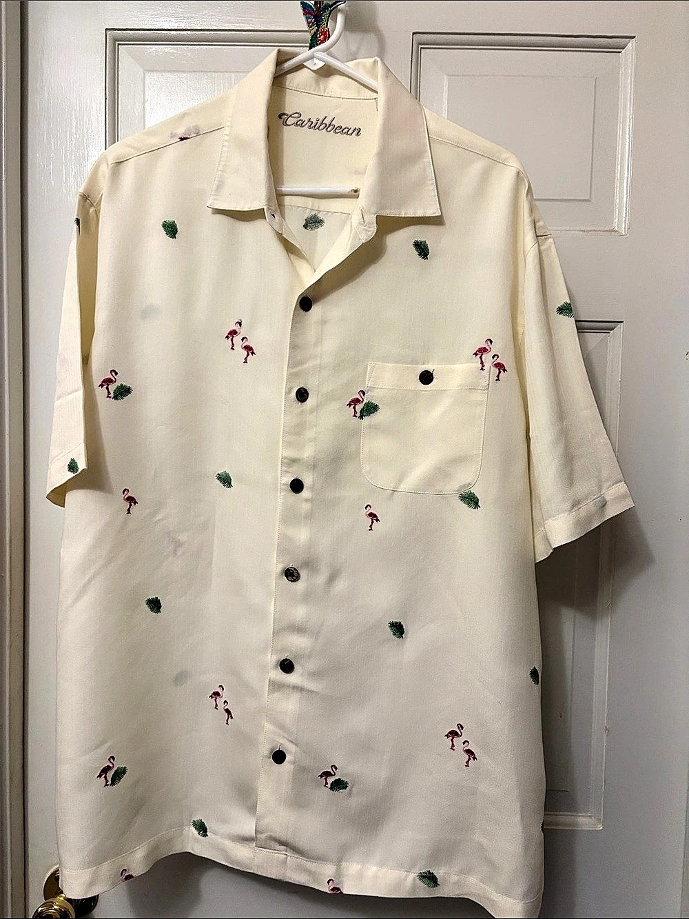 Caribbean Short Sleeve Flamingo Shirt in Cream Size XL